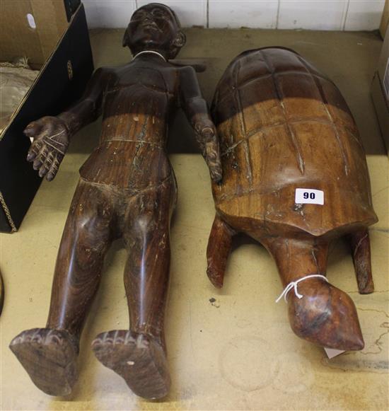 African carved wooden turtle (Zimbabwe) & a carved hardwood standing male figure of European appearance